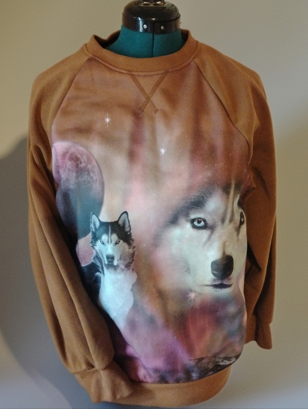 No Boundaries Tan Wolf Graphic Sweatshirt with Multi-Color Print